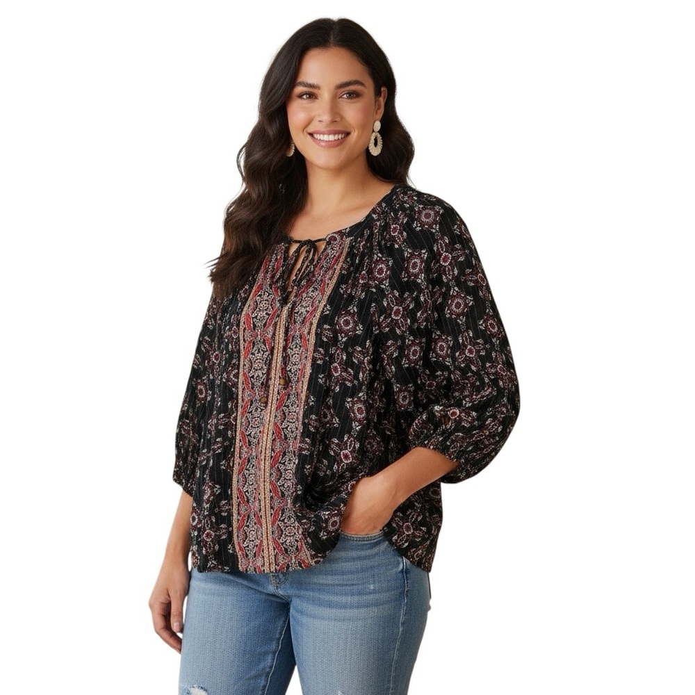 Mason and Belle Boho Women’s 3/4 Sleeve Peasant Top V Neck Beaded Ties Sz 3X